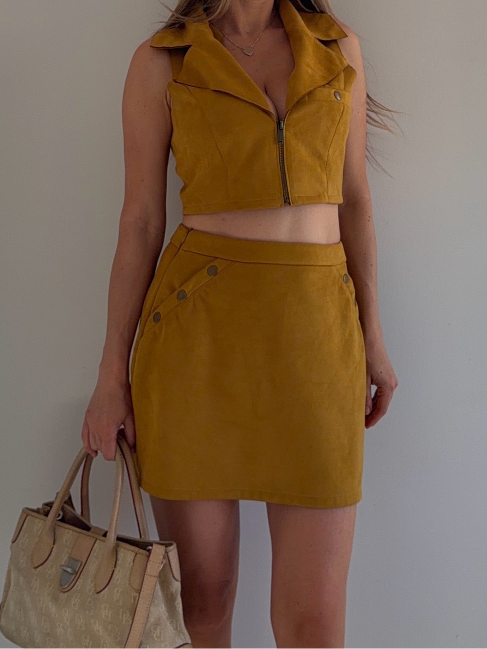 Relish Noless Italy Suede Set Small — Mustard Yellow Two Piece Skirt & Top Set